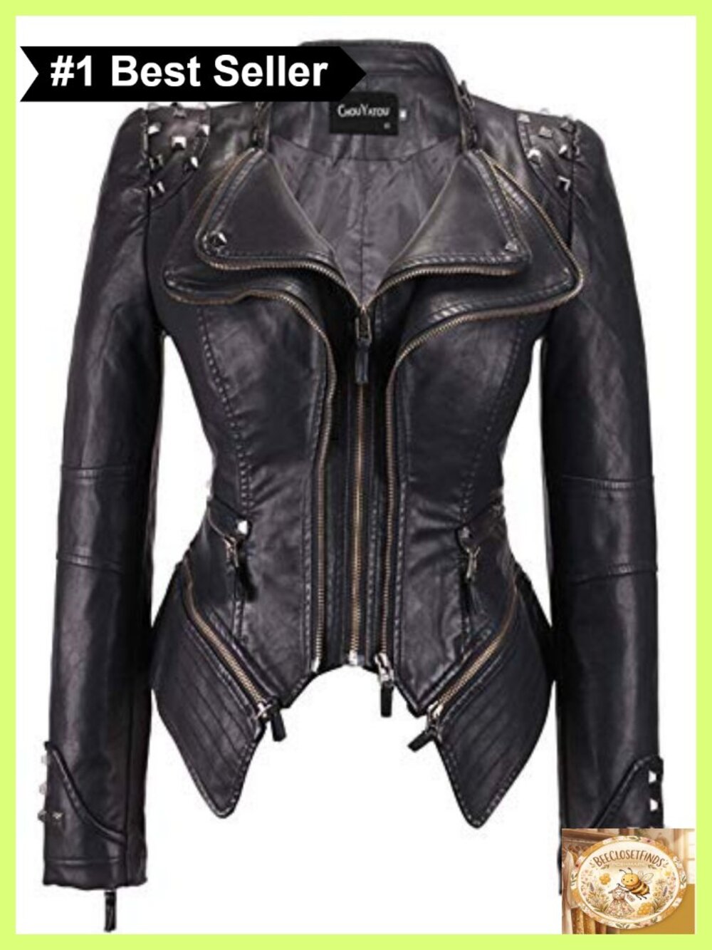 Faux Leather Moto Biker Jacket Studded Slim Fit Detachable Hem
